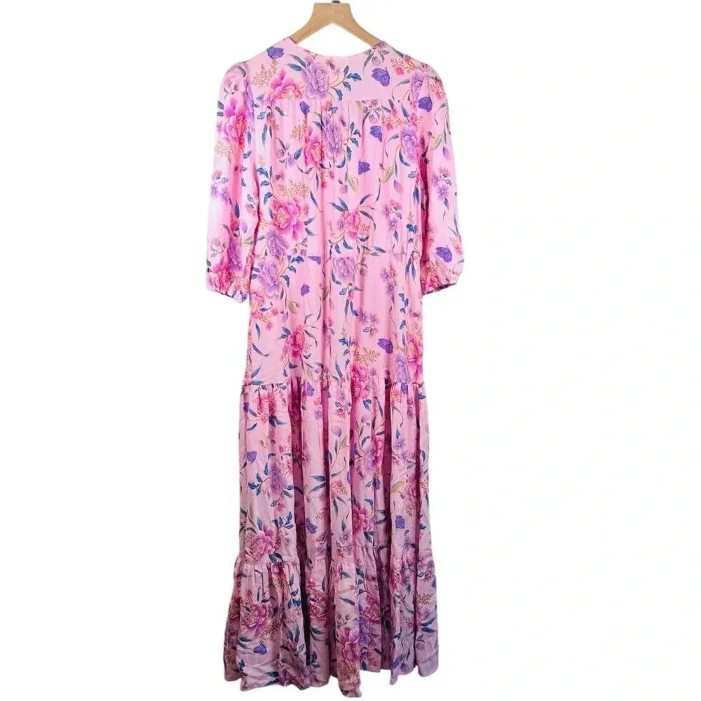JAASE Tessa Maxi Dress Size Medium Ruffle Cottagecore Tiered 3/4 Sleeve Pink - Picture 2 of 10